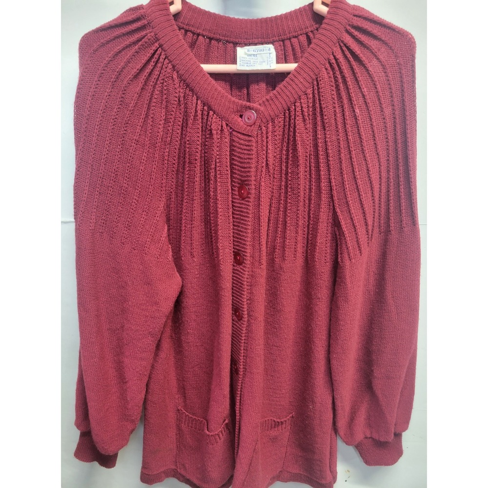Vintage Burgundy Pleated Yoke Button Front Cardigan Sweater Size 44 Pocket